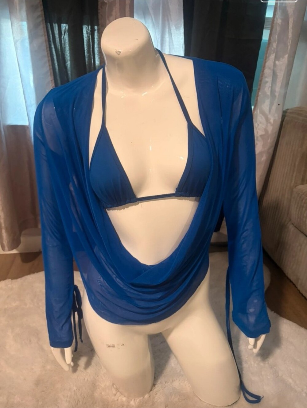 Sheer Royal Blue Drape Front Swim Coverup